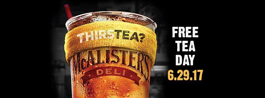 Free Tea Day at McAlister's Deli on June 29, 2017